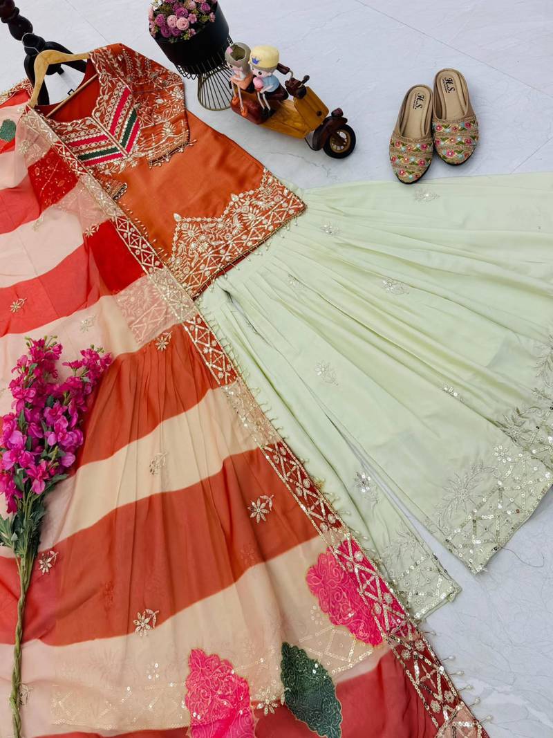 Orange silk blend embroidered palazzo set