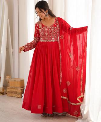 Red georgette embroidered flared gown set 1