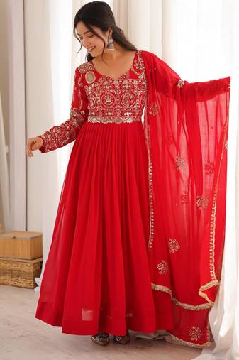 Red georgette embroidered flared gown set