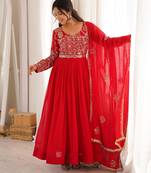 Red georgette embroidered flared gown set