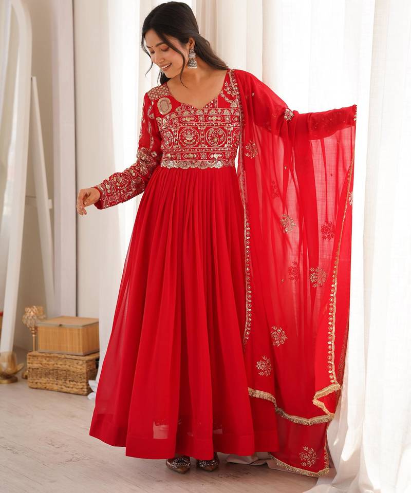 Red georgette embroidered flared gown set