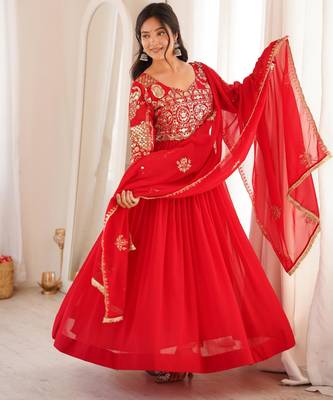Red georgette embroidered flared gown set 2