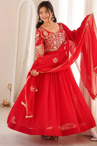 Red georgette embroidered flared gown set