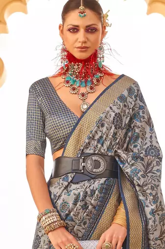 Navy blue floral woven design saree