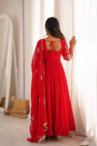 Red georgette embroidered flared gown set