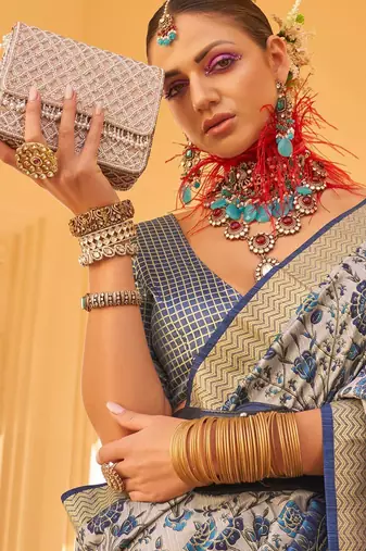 Navy blue floral woven design saree