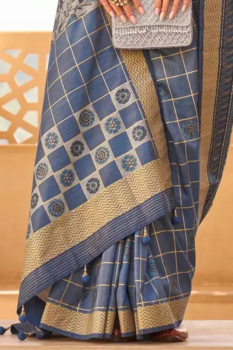 Navy blue floral woven design saree