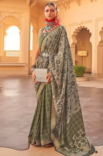 green floral printed zari banarasi silk blend saree