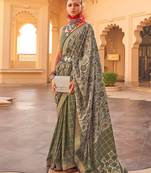 green floral printed zari banarasi silk blend saree
