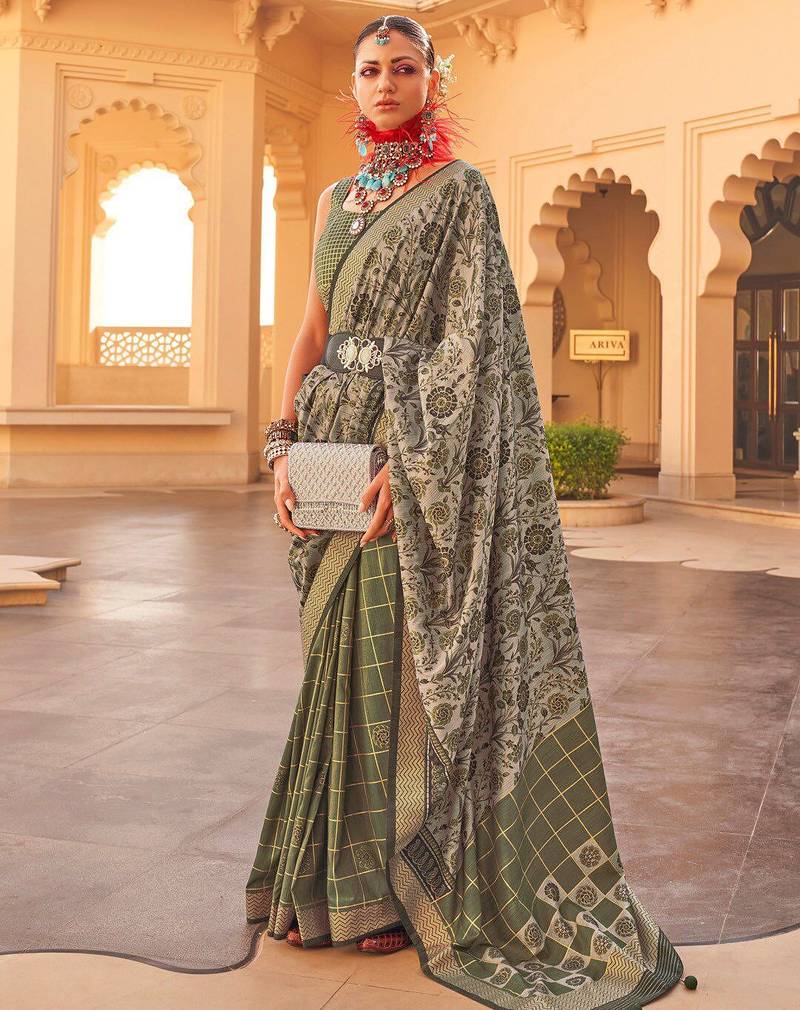 green floral printed zari banarasi silk blend saree