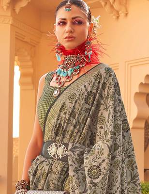 green floral printed zari banarasi silk blend saree 2