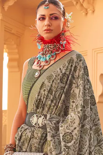 green floral printed zari banarasi silk blend saree