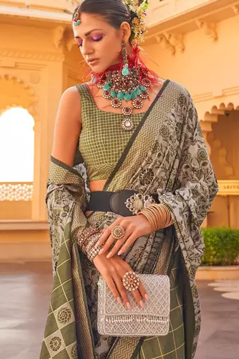 green floral printed zari banarasi silk blend saree