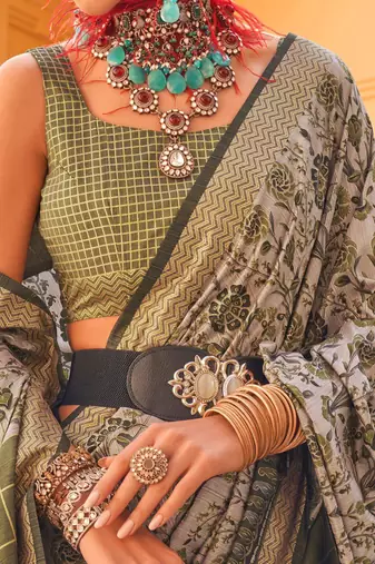 green floral printed zari banarasi silk blend saree
