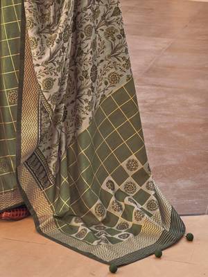 green floral printed zari banarasi silk blend saree 5