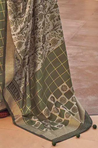 green floral printed zari banarasi silk blend saree