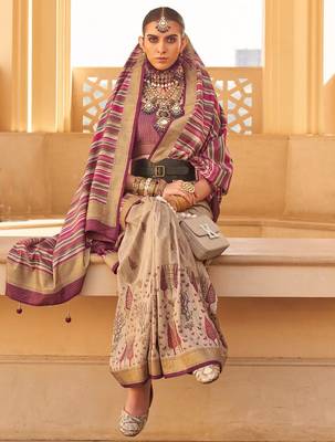 pink ethnic motifs zari banarasi silk blend saree 2