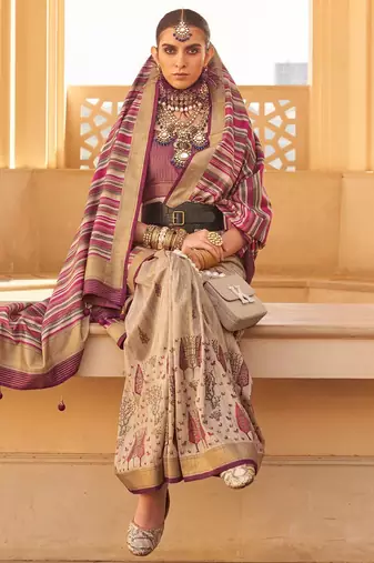 pink ethnic motifs zari banarasi silk blend saree