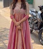Pink silk blend embroidered flared gown set