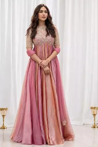 Pink silk blend embroidered flared gown set
