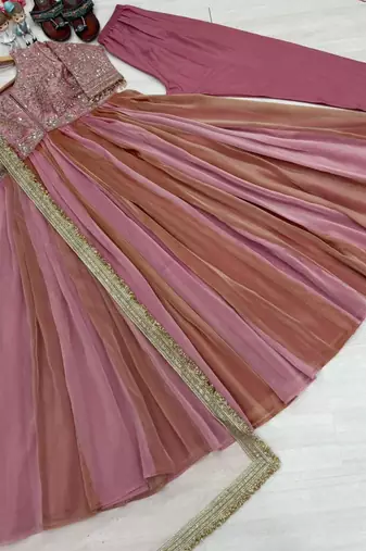 Pink silk blend embroidered flared gown set