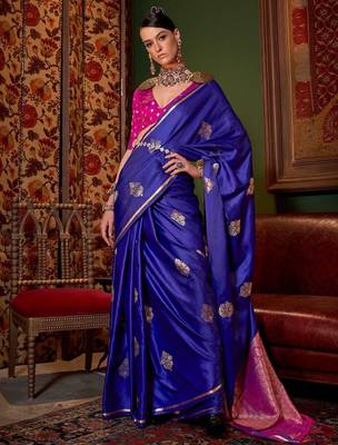blue woven design satin banarasi saree 1