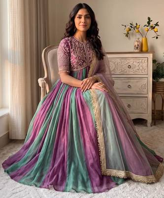Multicolor silk blend embroidered flared gown set 1