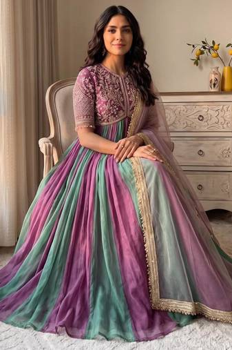 Multicolor silk blend embroidered flared gown set