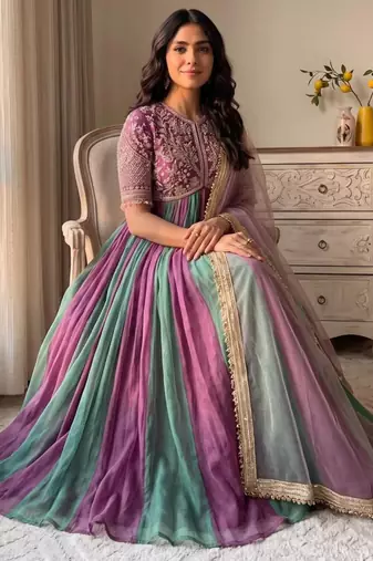 Multicolor silk blend embroidered flared gown set