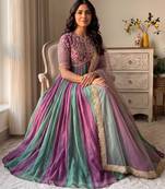 Multicolor silk blend embroidered flared gown set