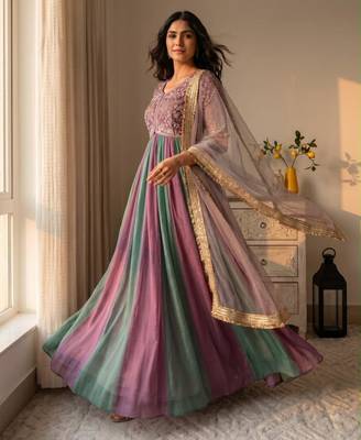 Multicolor silk blend embroidered flared gown set 2