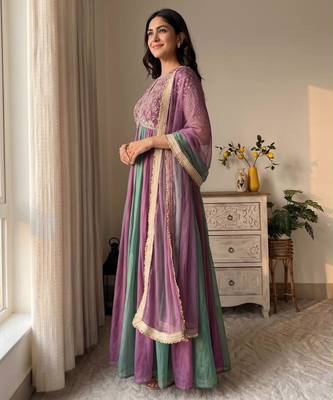 Multicolor silk blend embroidered flared gown set 3