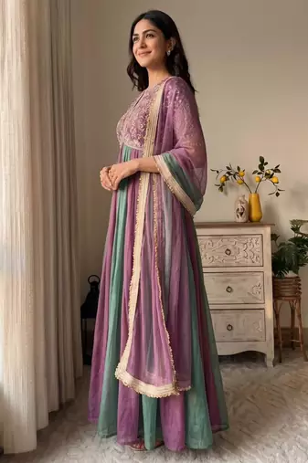 Multicolor silk blend embroidered flared gown set