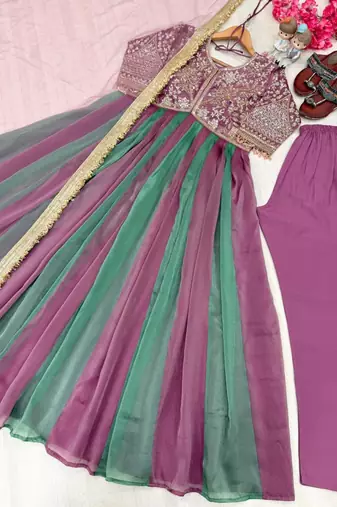 Multicolor silk blend embroidered flared gown set