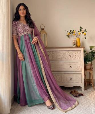 Multicolor silk blend embroidered flared gown set 5