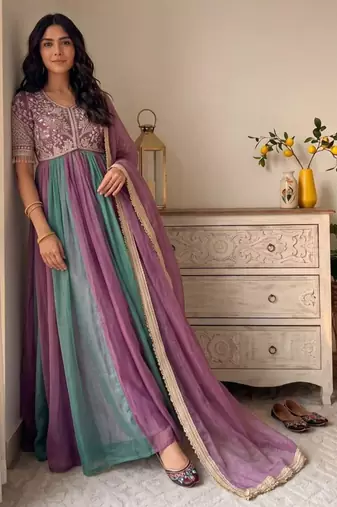 Multicolor silk blend embroidered flared gown set
