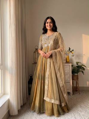 Gold silk blend embroidered flared gown set 1