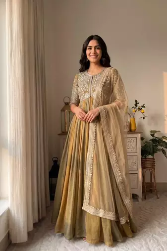 Gold silk blend embroidered flared gown set
