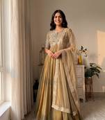 Gold silk blend embroidered flared gown set