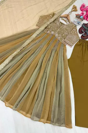 Gold silk blend embroidered flared gown set