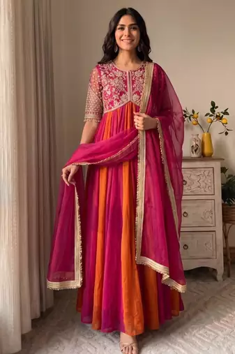 Rani-pink silk blend embroidered flared gown set