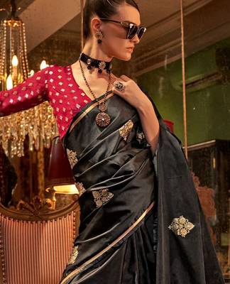 black bagh ethnic motifs woven design zari satin banarasi saree 4