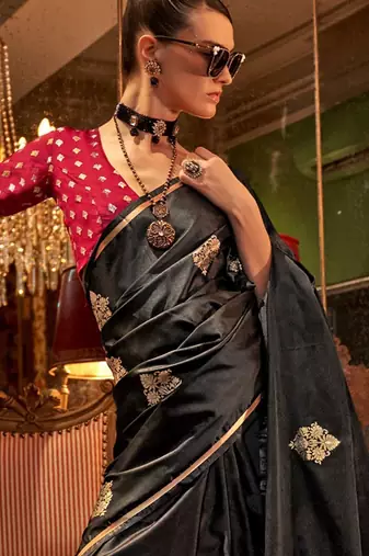 black bagh ethnic motifs woven design zari satin banarasi saree