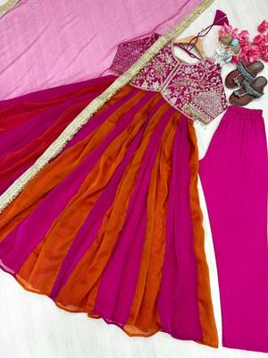 Rani-pink silk blend embroidered flared gown set 3