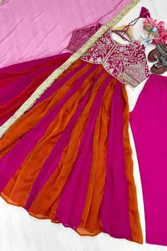 Rani-pink silk blend embroidered flared gown set