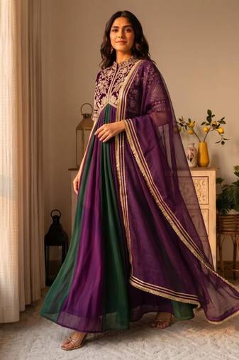 Purple silk blend embroidered flared gown set