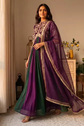 Purple silk blend embroidered flared gown set