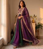 Purple silk blend embroidered flared gown set