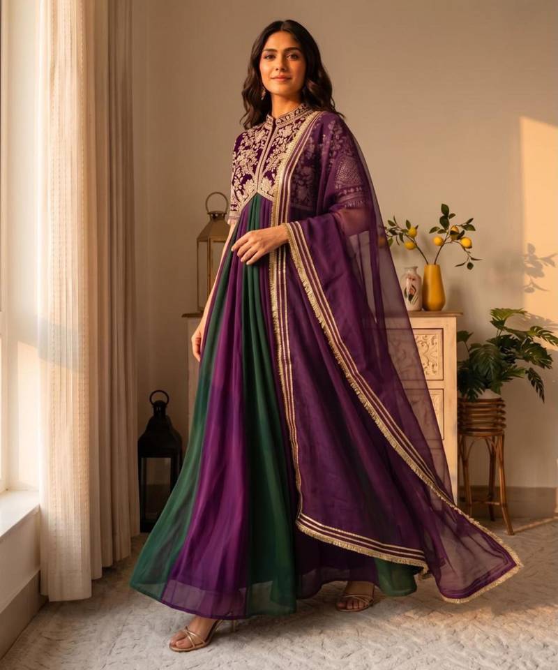 Purple silk blend embroidered flared gown set