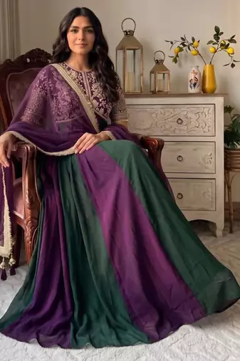 Purple silk blend embroidered flared gown set